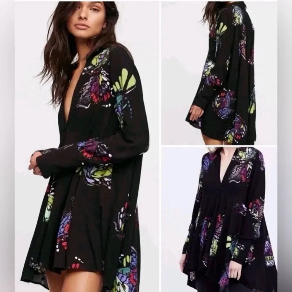 Free People Field Of Butterflies Printed Hi-Low Tunic Black Size XSmall